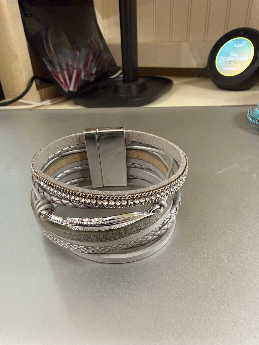 Silver gray 7.5” magnetic stack bracelet. Never worn